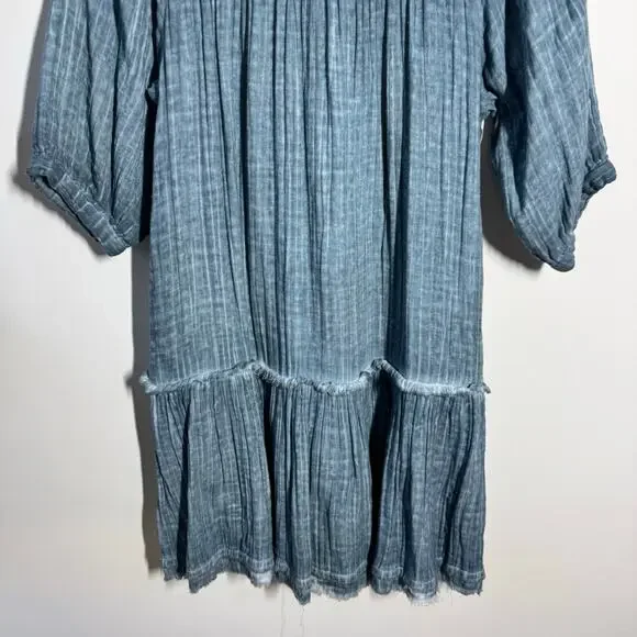 Natural Life Gauze Mini Dress Women S Blue Cotton Minimal Cottage Puff Sleeve - Picture 5 of 8